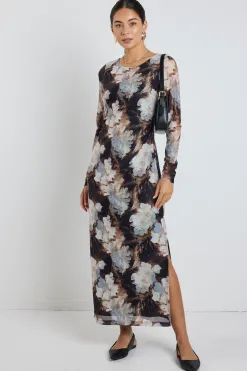 Among the Brave Gallery Sepia Floral Mesh LS Maxi Dress
