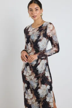 Among the Brave Gallery Sepia Floral Mesh LS Maxi Dress