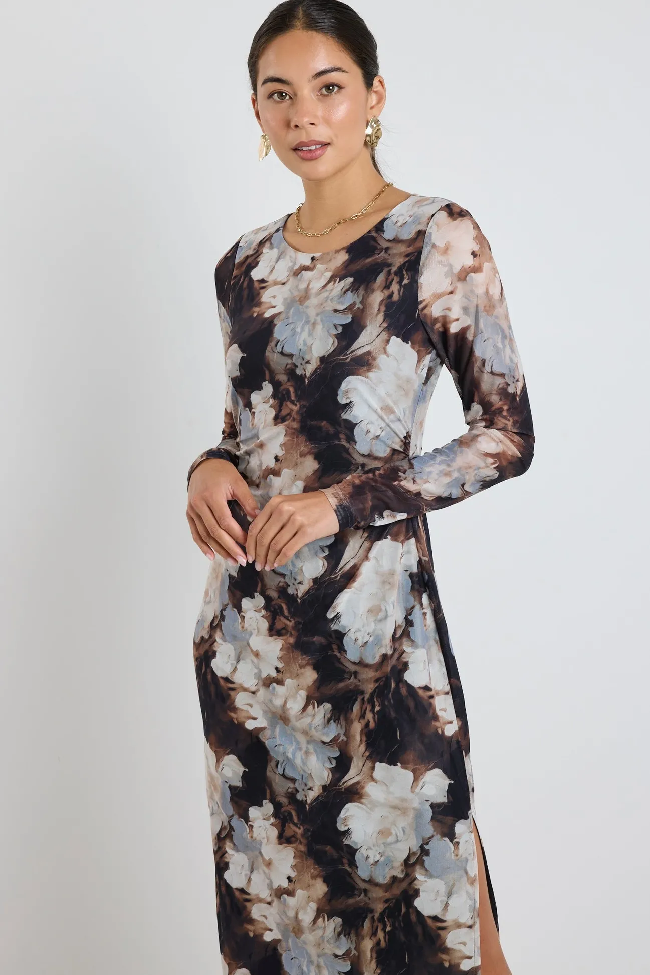 Among the Brave Gallery Sepia Floral Mesh LS Maxi Dress