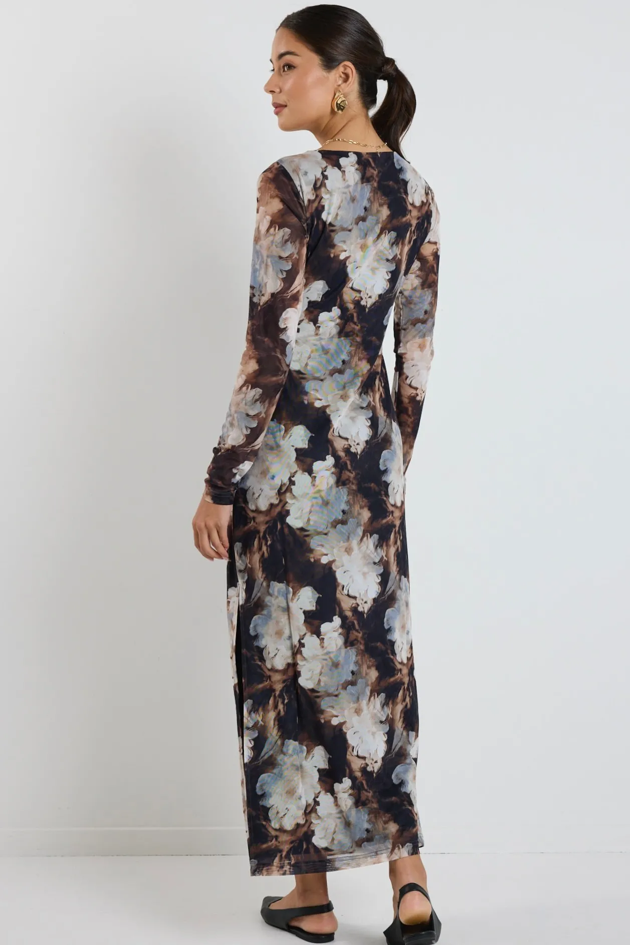 Among the Brave Gallery Sepia Floral Mesh LS Maxi Dress