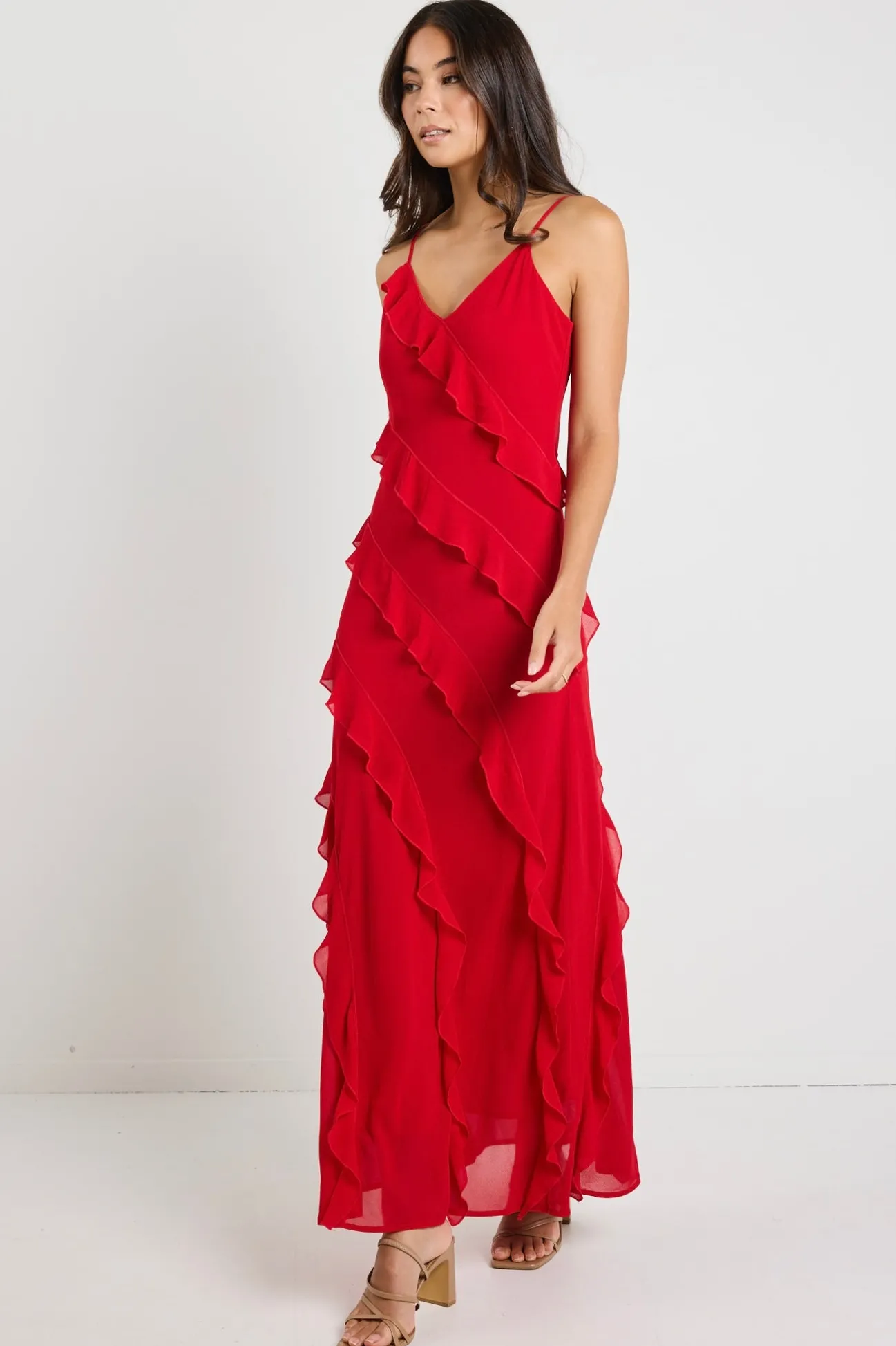 Georgia Mae Galore Flame Bias Ruffle Slip Maxi Dress