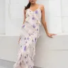 Georgia Mae Galore Peach Blue Floral Bias Ruffle Slip Maxi Dress