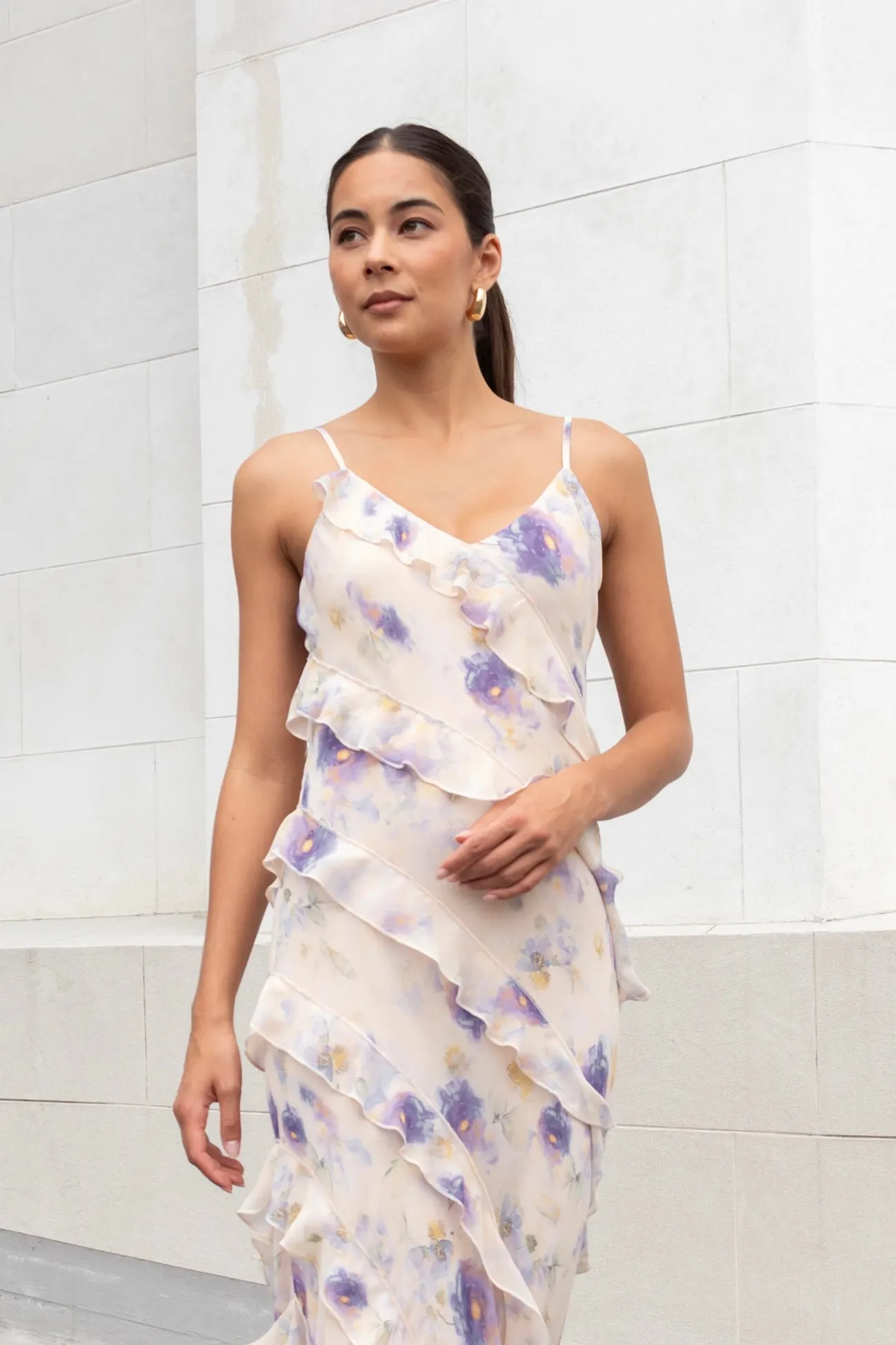 Georgia Mae Galore Peach Blue Floral Bias Ruffle Slip Maxi Dress