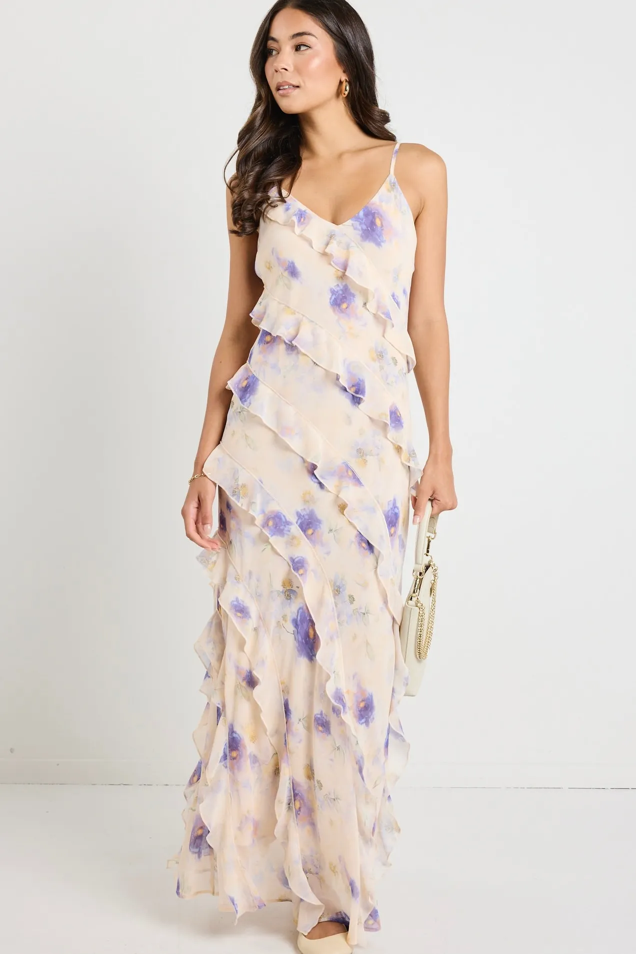 Georgia Mae Galore Peach Blue Floral Bias Ruffle Slip Maxi Dress