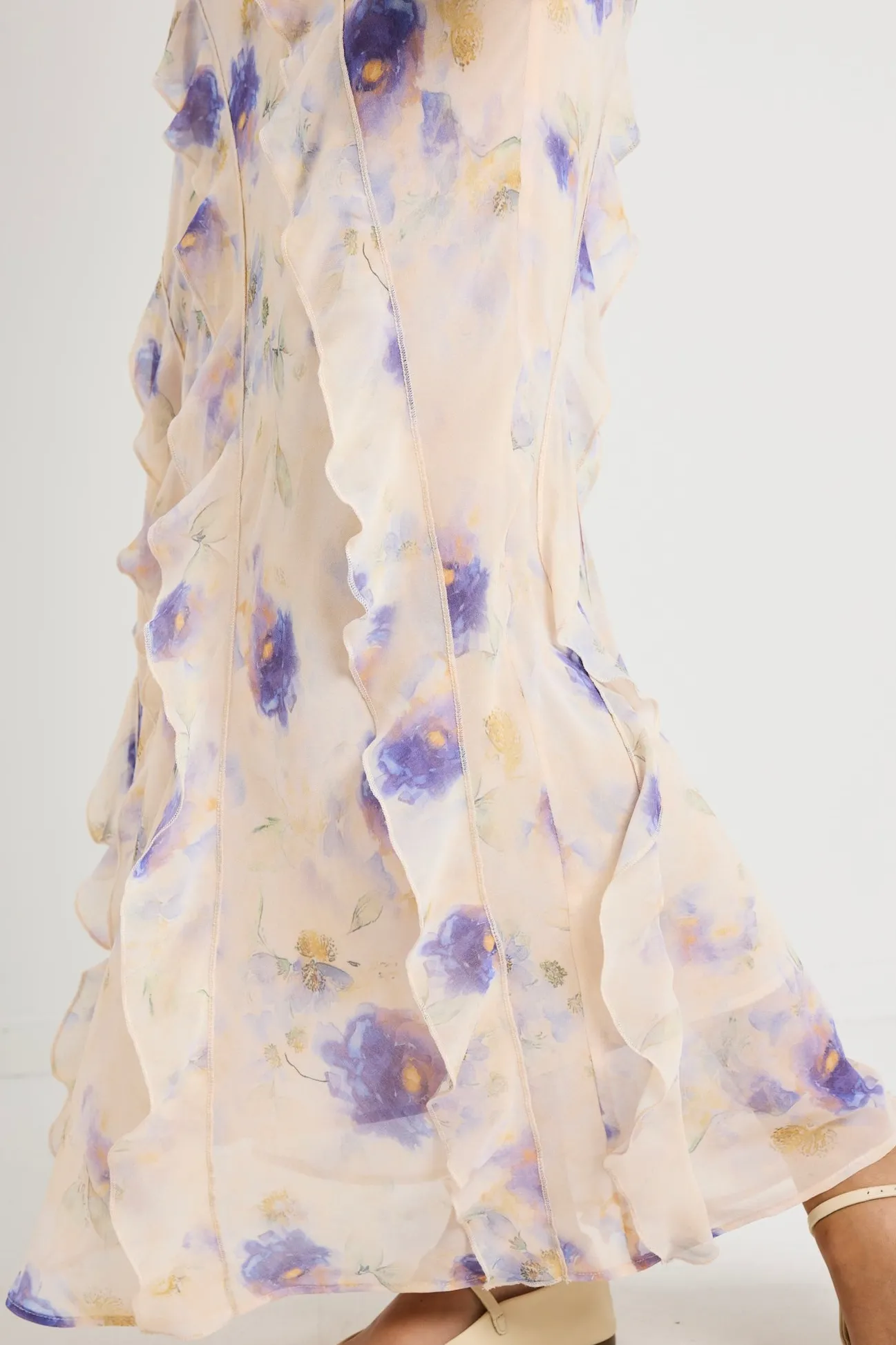 Georgia Mae Galore Peach Blue Floral Bias Ruffle Slip Maxi Dress
