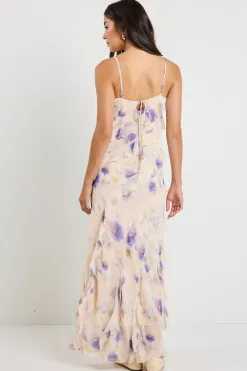 Georgia Mae Galore Peach Blue Floral Bias Ruffle Slip Maxi Dress