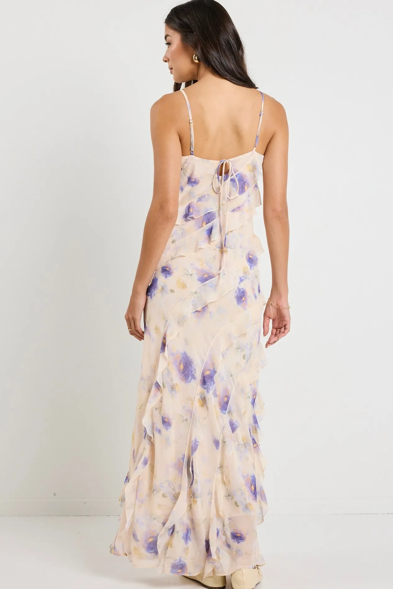 Georgia Mae Galore Peach Blue Floral Bias Ruffle Slip Maxi Dress