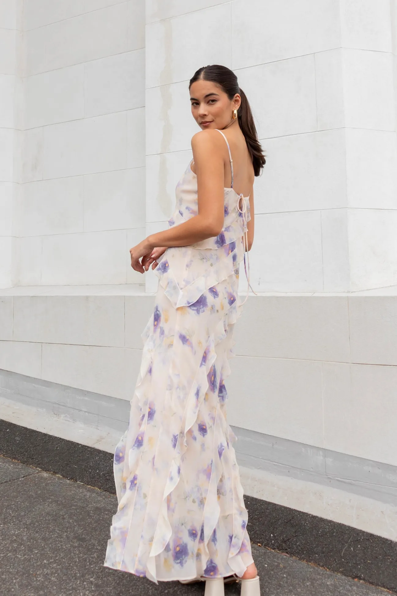 Georgia Mae Galore Peach Blue Floral Bias Ruffle Slip Maxi Dress