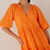 Among the Brave Gemini Orange Broiderie Balloon Sleeve Tiered Mini Dress