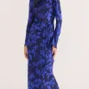 Mink Pink Gianna Blue Floral Bias LS Maxi Dress
