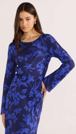 Mink Pink Gianna Blue Floral Bias LS Maxi Dress