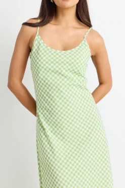 Among the Brave Golden Hour Green Gingham Bias Slip Dress