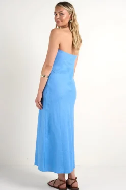 RE:UNION Label Golden Sky Blue Linen Strapless Maxi Dress