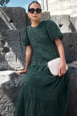 Ivy + Jack Graceful Forest Bubble Short Sleeve Tiered Maxi Dress