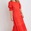 Ivy + Jack Gratitude Blood Orange Bubble SS Tiered Maxi Dress
