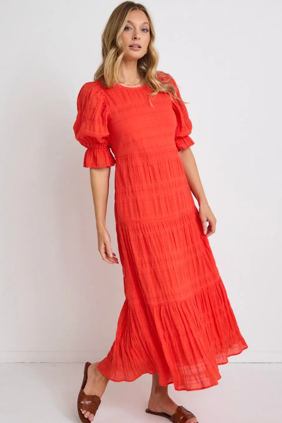 Ivy + Jack Gratitude Blood Orange Bubble SS Tiered Maxi Dress