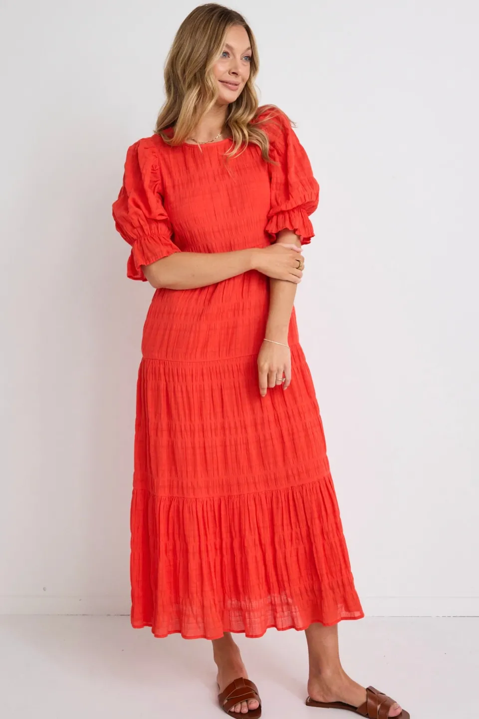 Ivy + Jack Gratitude Blood Orange Bubble SS Tiered Maxi Dress