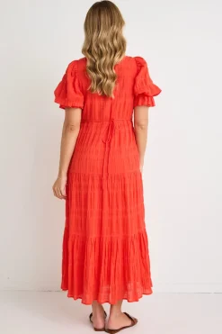 Ivy + Jack Gratitude Blood Orange Bubble SS Tiered Maxi Dress