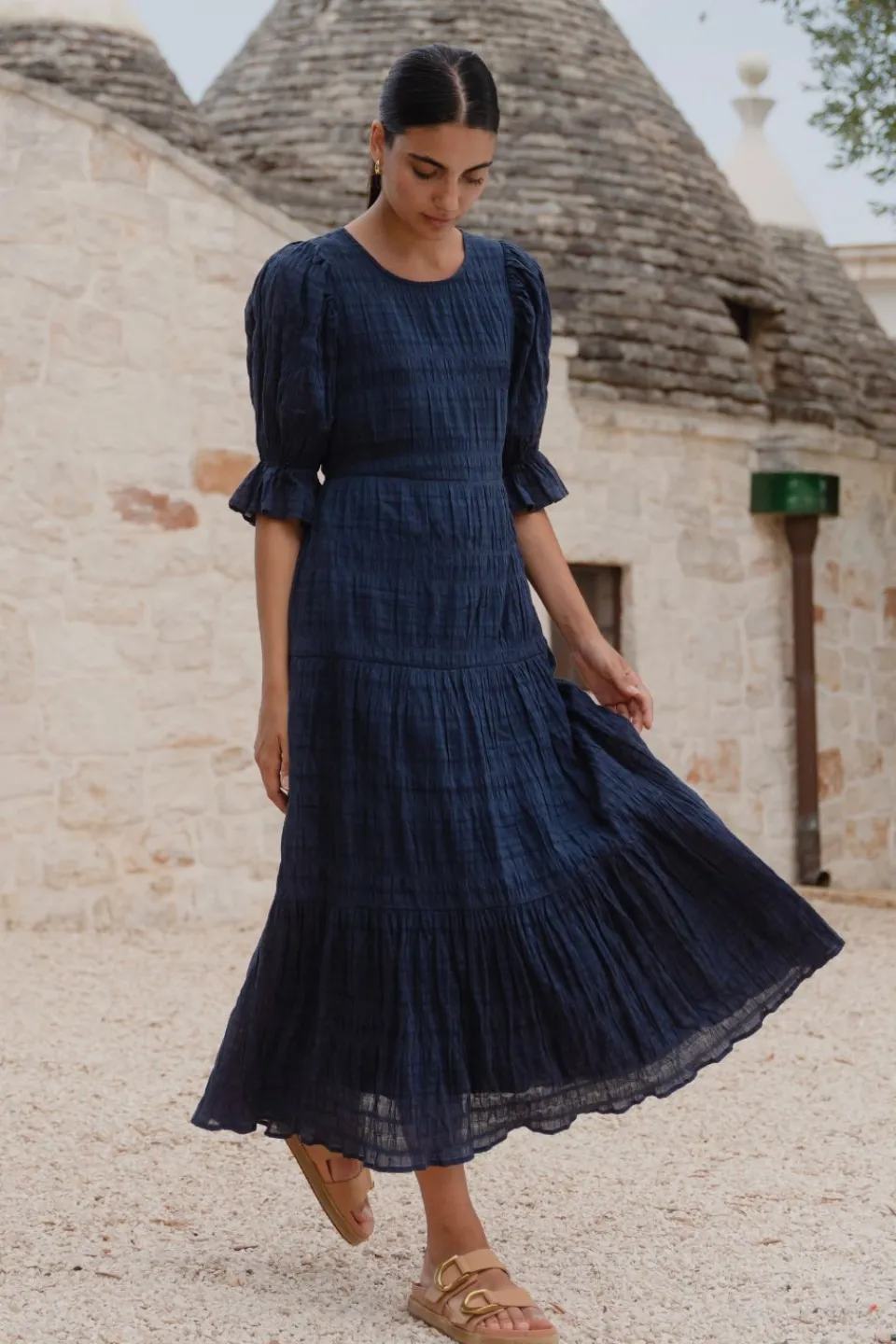 Ivy + Jack Gratitude Navy Bubble SS Tiered Maxi Dress