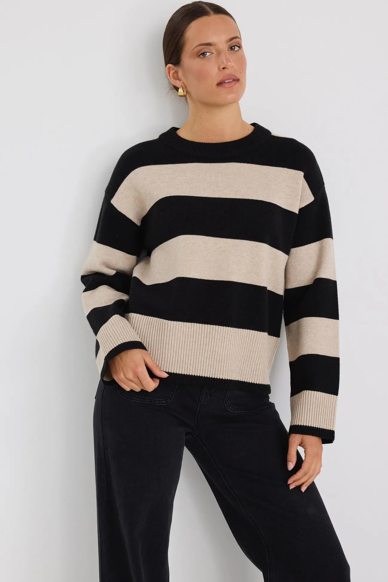 Among the Brave Gravity Black & Stone Stripe Crew Neck Knit Jumper