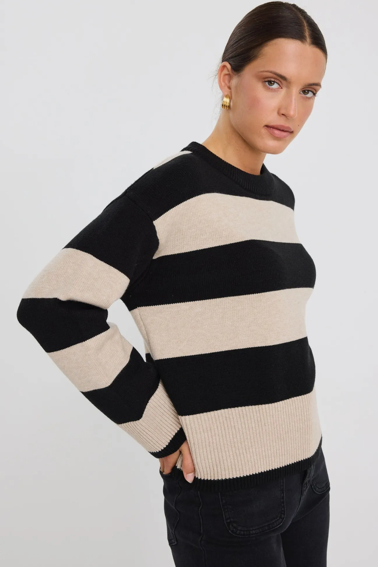Among the Brave Gravity Black & Stone Stripe Crew Neck Knit Jumper