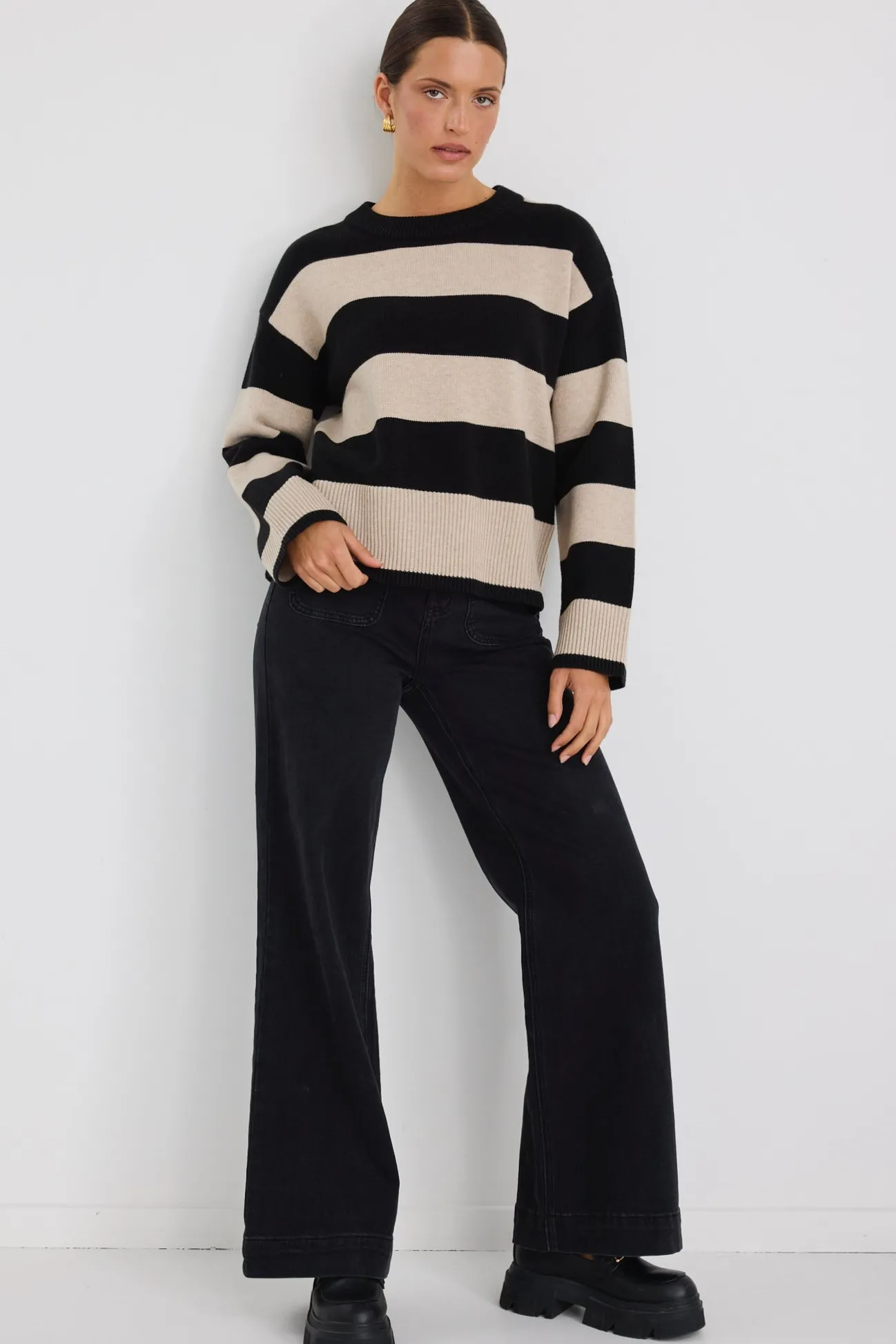 Among the Brave Gravity Black & Stone Stripe Crew Neck Knit Jumper