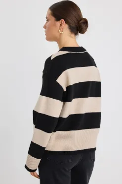 Among the Brave Gravity Black & Stone Stripe Crew Neck Knit Jumper