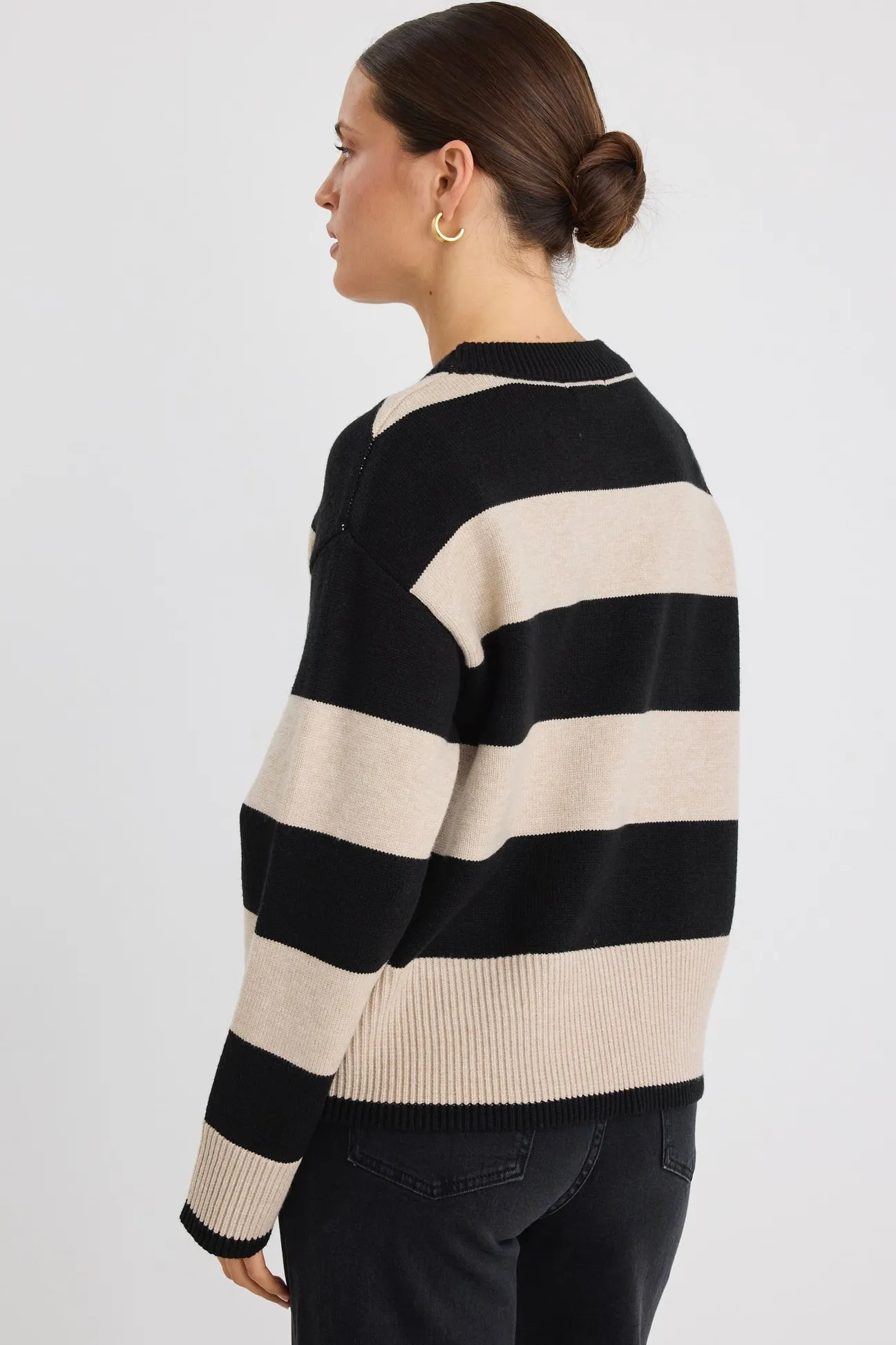 Among the Brave Gravity Black & Stone Stripe Crew Neck Knit Jumper