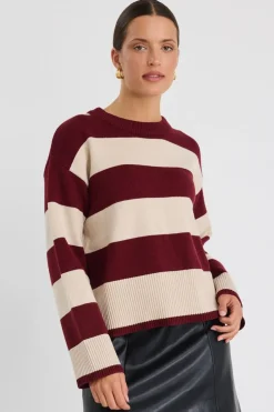 Among the Brave Gravity Burgundy Stripe Crew Neck Knit Jumper