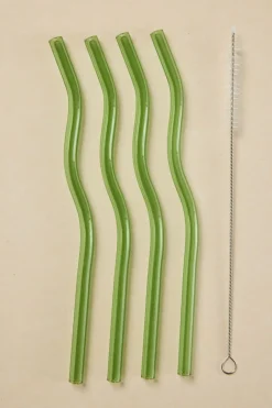 Willow u0026 Mae Green Curvy Reuseable Pk 4 Glass Drinking Straws