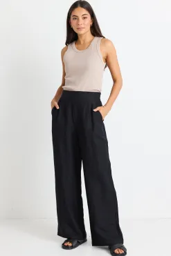 Among the Brave Guardian Black Linen Viscose Elastic Back Pants