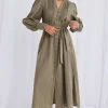 Among the Brave Guardian Soft Khaki Puff Sleeve Pintuck Midi Shirt Dress