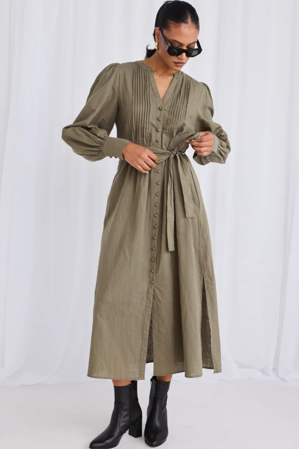 Among the Brave Guardian Soft Khaki Puff Sleeve Pintuck Midi Shirt Dress