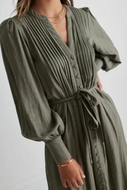 Among the Brave Guardian Soft Khaki Puff Sleeve Pintuck Midi Shirt Dress