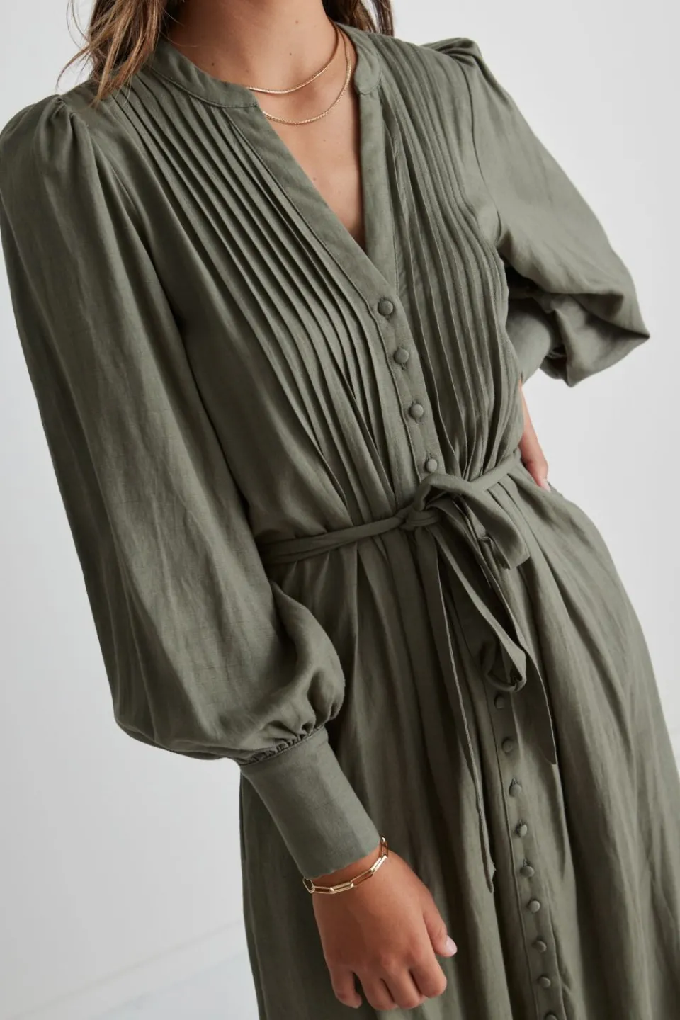 Among the Brave Guardian Soft Khaki Puff Sleeve Pintuck Midi Shirt Dress