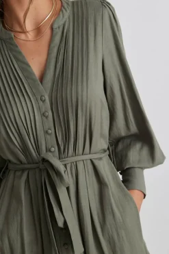Among the Brave Guardian Soft Khaki Puff Sleeve Pintuck Midi Shirt Dress