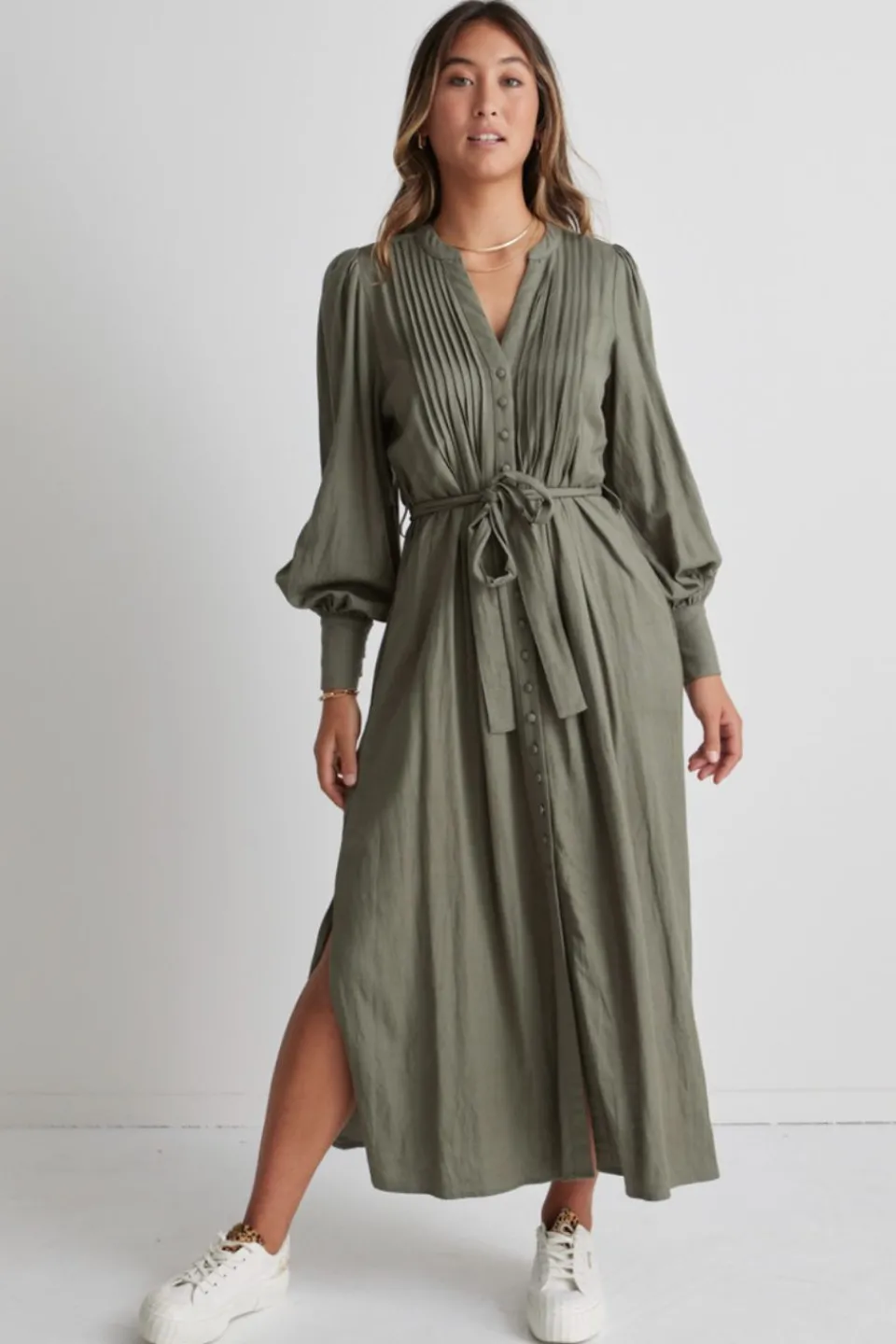 Among the Brave Guardian Soft Khaki Puff Sleeve Pintuck Midi Shirt Dress