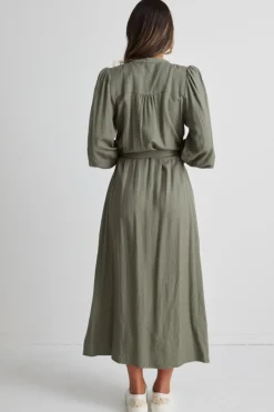 Among the Brave Guardian Soft Khaki Puff Sleeve Pintuck Midi Shirt Dress