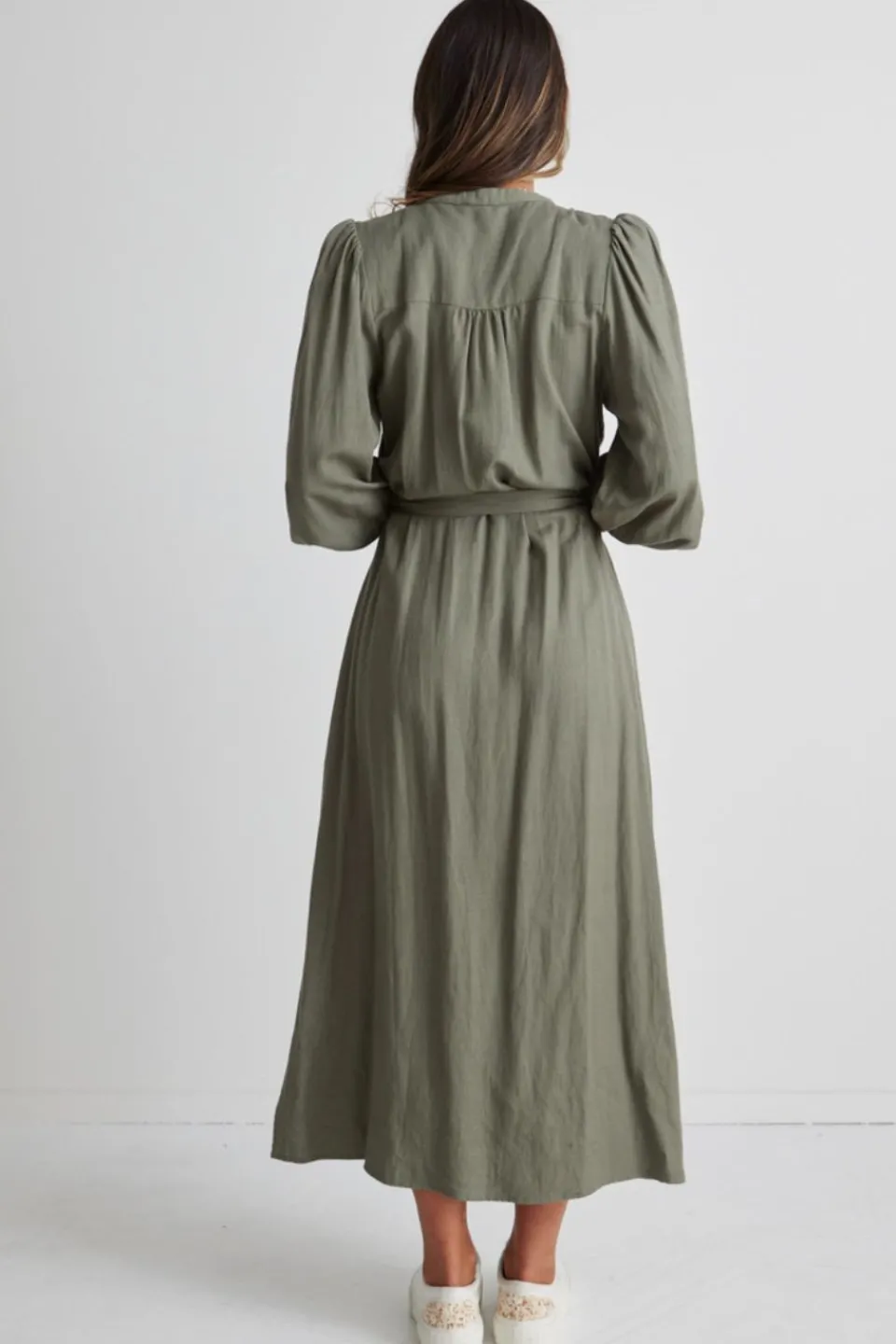 Among the Brave Guardian Soft Khaki Puff Sleeve Pintuck Midi Shirt Dress