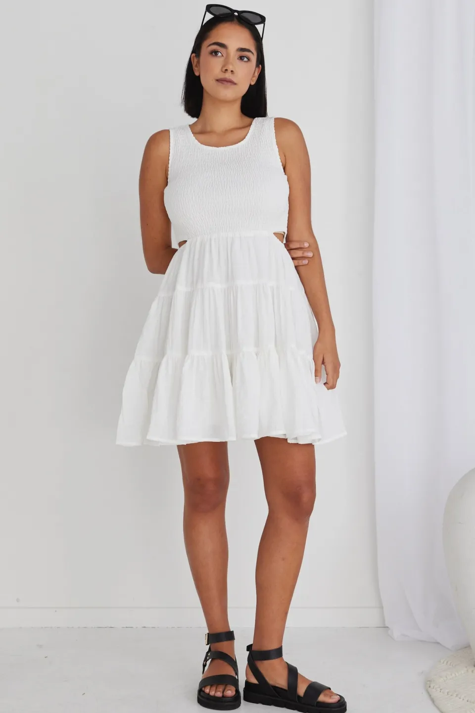 Ivy + Jack Harley White Sleeveless Waist Cut Out Tiered Mini Dress