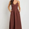 RE:UNION Label Heat Chocolate Strappy Tie Back Maxi Dress