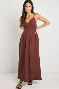 RE:UNION Label Heat Chocolate Strappy Tie Back Maxi Dress