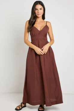 RE:UNION Label Heat Chocolate Strappy Tie Back Maxi Dress