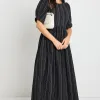 RE:UNION Label Hemisphere Black Stripe Short Sleeve Relaxed Midi Dress