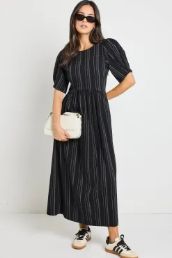 RE:UNION Label Hemisphere Black Stripe Short Sleeve Relaxed Midi Dress