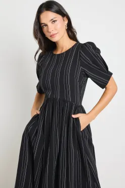 RE:UNION Label Hemisphere Black Stripe Short Sleeve Relaxed Midi Dress