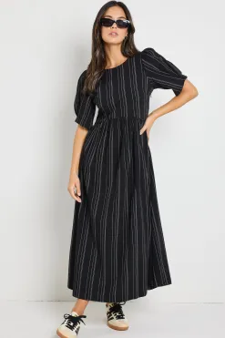 RE:UNION Label Hemisphere Black Stripe Short Sleeve Relaxed Midi Dress