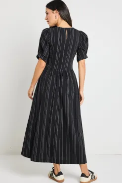 RE:UNION Label Hemisphere Black Stripe Short Sleeve Relaxed Midi Dress