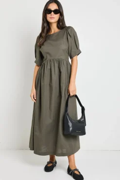 RE:UNION Label Hemisphere Khaki Short Sleeve Relaxed Midi Dress