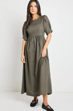 RE:UNION Label Hemisphere Khaki Short Sleeve Relaxed Midi Dress